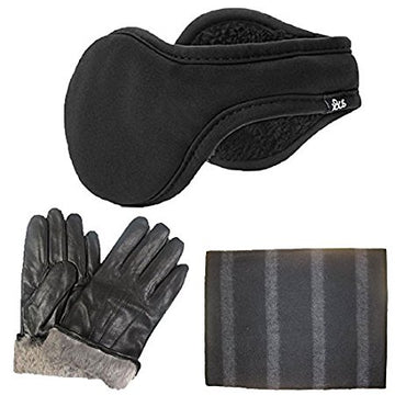 Mens Rabbit Fur Lined Leather Glove  100% Cashmere Scarf  180s Ear Warmer Set
